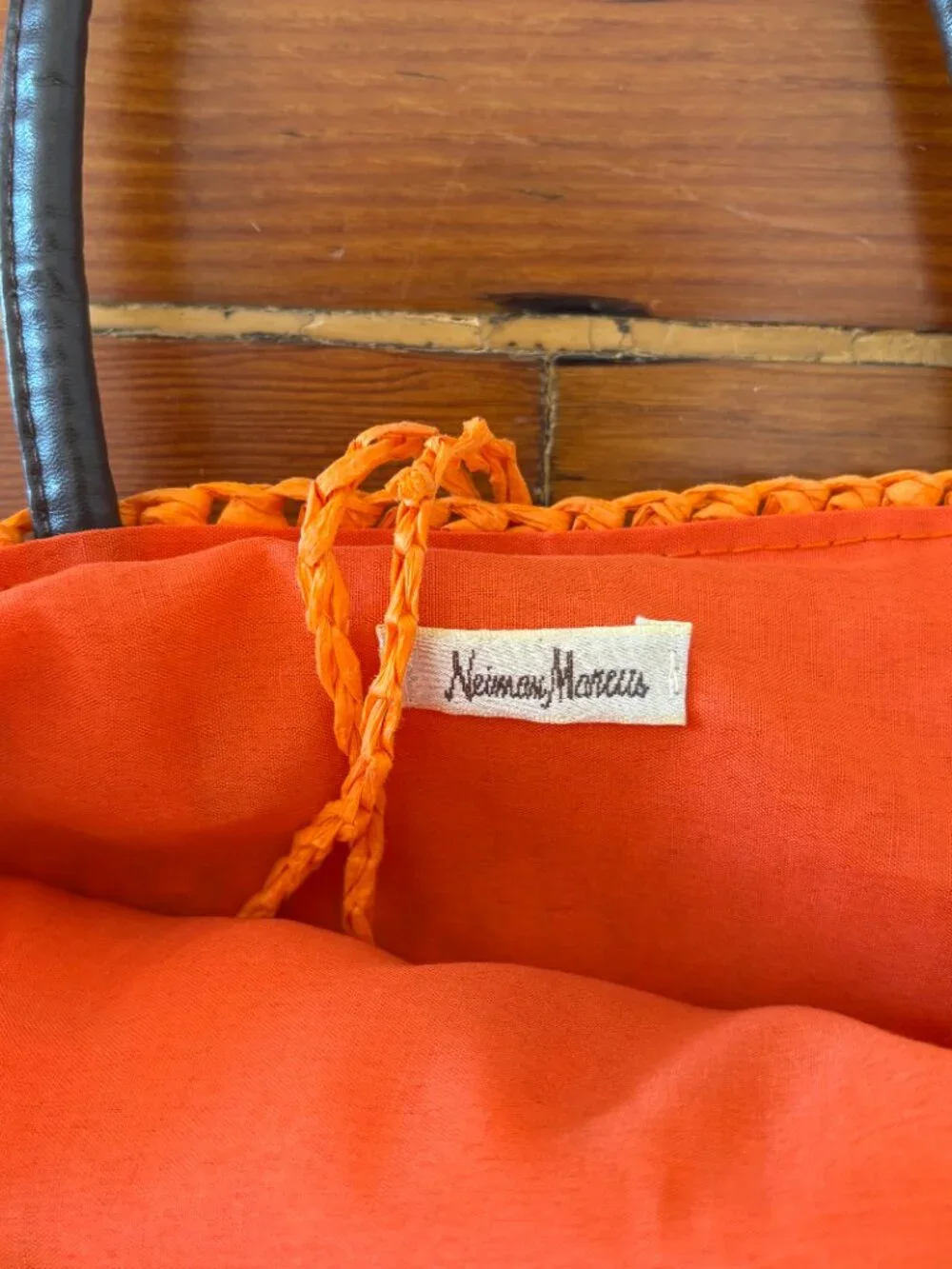 Neiman Marcus Vintage Orange Straw Rattan Flower Satchel Handbag